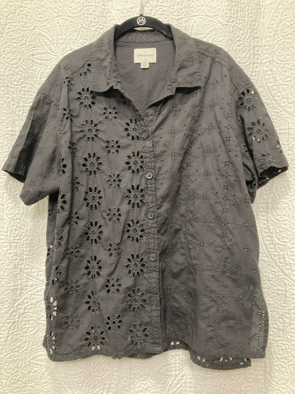 American Eagle Women’s Charcoal/Black Eyelet Blouse sz  Large